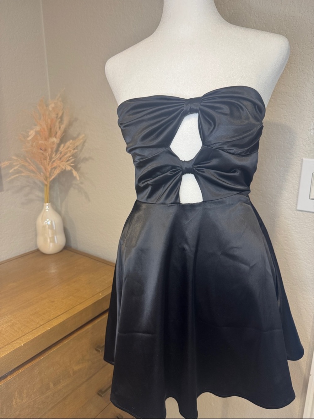 Black Satin Strapless Cutout Mini Dress